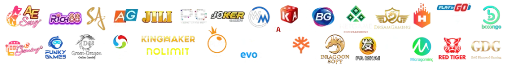 โลโก้ค่ายเกมคาสิโนออนไลน์ของ SlotDog88 รวมค่ายเกมสล็อตและบาคาร่า เช่น JILI, Joker Gaming, PG, Kingmaker, Evolution และค่ายเกมชั้นนำ เว็บตรง slotdog88 เล่นง่ายจ่ายเร็ว