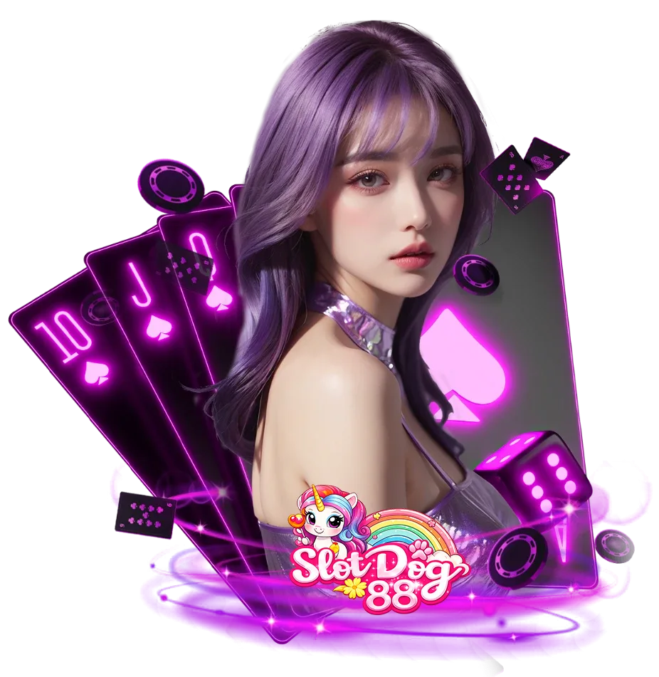 ภาพนางแบบพร้อมโลโก้ SlotDog88 และไพ่โป๊กเกอร์ ดีไซน์คาสิโนออนไลน์โทนสีม่วงนีออน สื่อถึงเกมสล็อต บาคาร่า และคาสิโนสด เว็บตรง slotdog88 เล่นง่ายจ่ายเร็ว