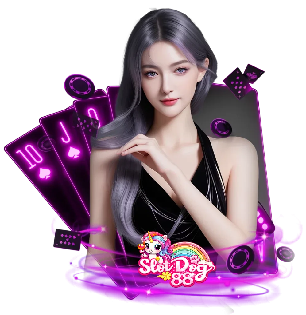 ภาพนางแบบพร้อมโลโก้ SlotDog88 และไพ่โป๊กเกอร์ ดีไซน์คาสิโนออนไลน์โทนสีม่วง สื่อถึงเกมสล็อต บาคาร่า และคาสิโนสด เว็บตรง slotdog88 เล่นง่ายจ่ายเร็ว รองรับมือถือ