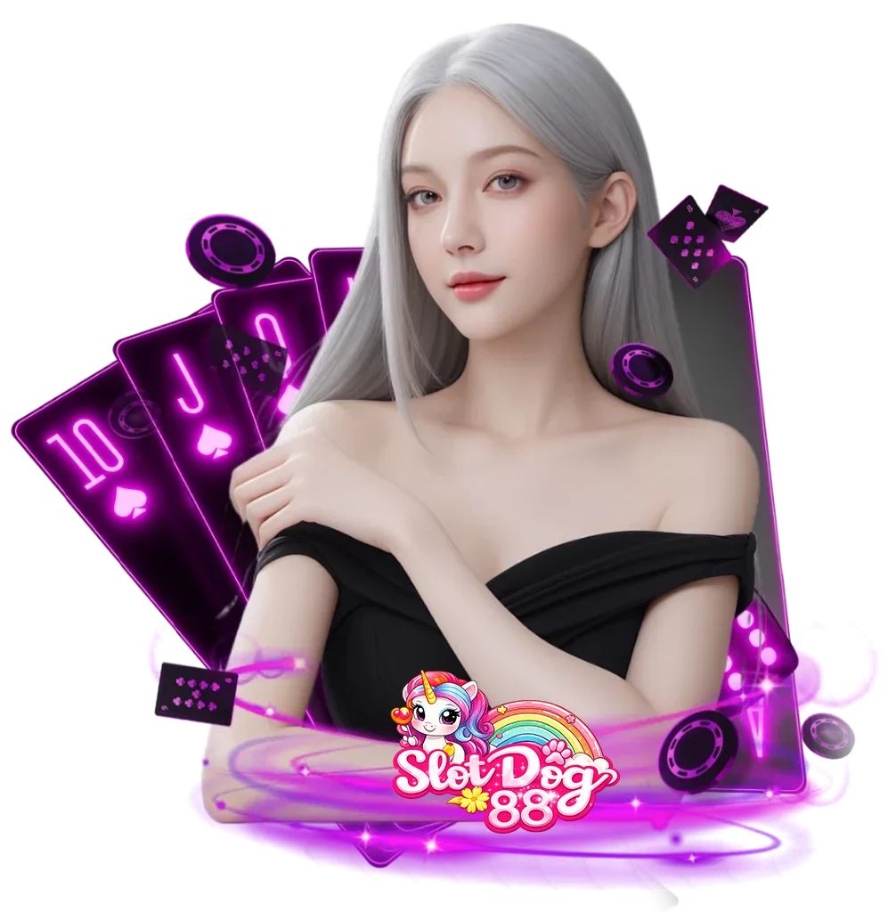 ภาพนางแบบพร้อมโลโก้ SlotDog88 และไพ่โป๊กเกอร์ ดีไซน์คาสิโนออนไลน์โทนสีม่วงนีออน สื่อถึงเกมสล็อต บาคาร่า และคาสิโนสด เว็บตรง slotdog88 เล่นง่ายจ่ายเร็ว รองรับมือถือทุกระบบ
